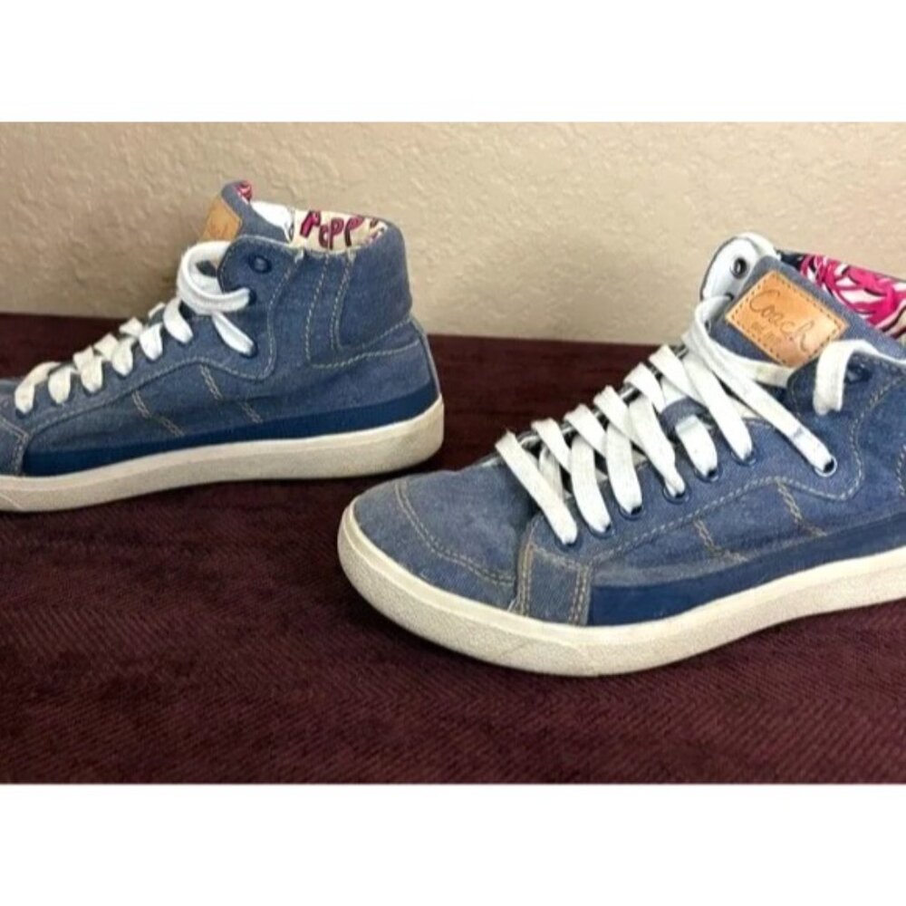 Coach Poppy Shoes Womens Blue Denim High Top Sneakers Casual Lace Up Size 6.5B - Picture 2 of 14
